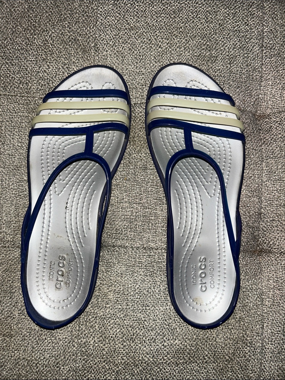 CROCS Women's Silver Slides with Navy and Cream Straps